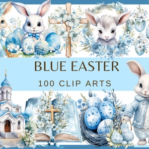 BLUE EASTER - 100 watercolor clip arts (Transparent background, 300 dpi spring Easter Digital Paper, Spring Holiday, png commercial use))