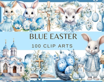 May include: Blue Easter clip art set featuring bunnies, eggs, flowers, crosses, a church, and a bible. The text "BLUE EASTER 100 CLIP ARTS" is displayed on a light blue background.