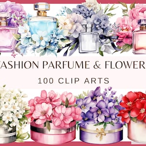 PERFUMES Y FLORES DE MODA - 100 imágenes prediseñadas de acuarela (png, 300 dpi, Libros de moda, Fashionista Chic Girl princess Fashion Graphics)