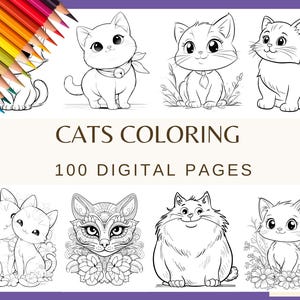 CHATS COLORIAGES - 100 pages (Chaton chat kawaii mignon et drôle, papier numérique chat, livre de coloriage)