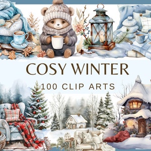 COSY WINTER - 100 Clip-Arts (Mädchen, Kerzen, Kaffee 300 dpi, gemütliches Zuhause, Laterne, Winterkuchen, Tee, Bündel, digital, Aquarell)