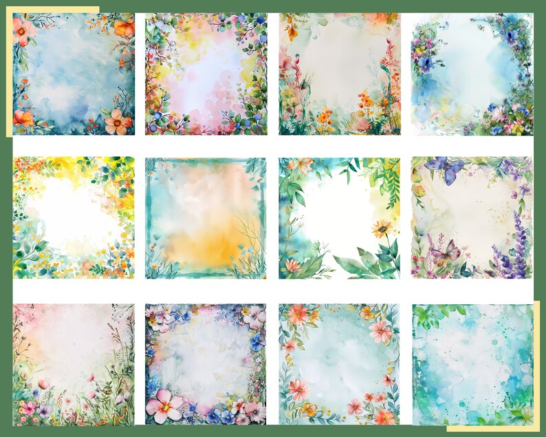 May include: Twelve watercolor floral frames with a white background. Each frame has a different arrangement of flowers, leaves, and butterflies. The frames are perfect for adding a touch of nature to your projects.