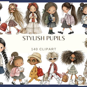 Könnte beinhalten: Eine Sammlung von 140 digitalen Illustrationen mit verschiedenen Kindern in Schulkleidung, darunter Blazer, Röcke, Pullover und Rucksäcke. Der Text STYLISH PUPILS und 140 CLIPART ist mittig zwischen den verschiedenen Figuren platziert.