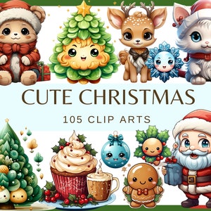 Puede incluir: Una colección de 105 imágenes de clipart de Navidad lindas que presentan una variedad de personajes, incluyendo un oso, un ciervo, un gato, un árbol de Navidad, un hombre de jengibre, un Papá Noel y un cupcake. Las imágenes están todas en un estilo de dibujos animados y son perfectas para agregar un toque festivo a tus proyectos.