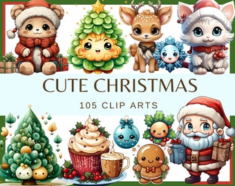 May include: A collection of 105 cute Christmas clip art images featuring a variety of characters, including a bear, a deer, a cat, a Christmas tree, a gingerbread person, a Santa Claus, and a cupcake. The images are all in a cartoon style and are perfect for adding a festive touch to your projects.