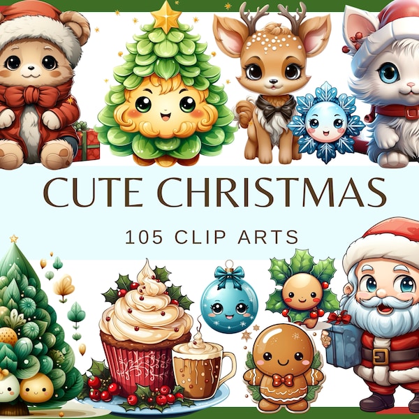 CUTE KAWAII CHRISTMAS - 105 clip arts (300 dpi, png, decor, Christmas, Transparent background, commercial use, bundle, digital, kid, baby)