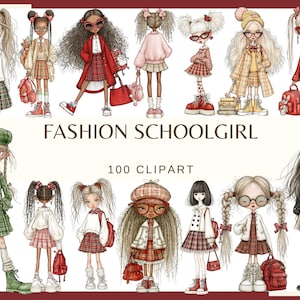 Könnte beinhalten: Eine Sammlung von 100 digitalen Illustrationen mit dem Titel FASHION SCHOOLGIRL, die verschiedene Charaktere in unterschiedlichen Outfits wie karierten Röcken, Blazern, Pullovern, Bérets und Rucksäcken mit detaillierten Accessoires wie Brillen und Stiefeln zeigt.