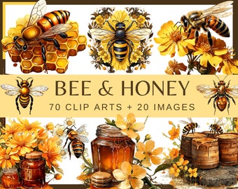 BEES & HONEY - 70 clip arts + 20 jpg images (300 dpi, beehive, honeycomb, sweet graphic, transparent background, bundle, floral, insect, png