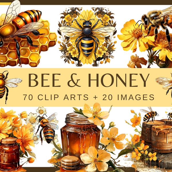 BEES & HONEY - 70 clip arts + 20 jpg images (300 dpi, beehive, honeycomb, sweet graphic, transparent background, bundle, floral, insect, png