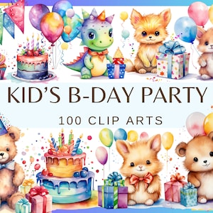 KID'S B-PARTY - 100 watercolor clip arts (Dino, Present Box, Balloons, Cute Animals, Nursery Decor 300 dpi, Birthday Cake, Cupcake Png)