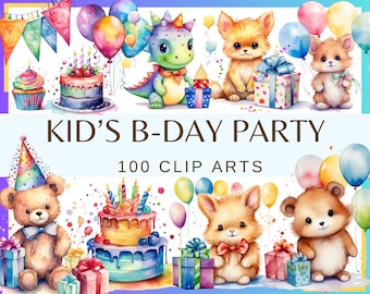 B-PARTY POUR ENFANTS - 100 cliparts aquarelles (Dino, boîte cadeau, ballons, animaux mignons, décoration de chambre d'enfant 300 dpi, gâteau d'anniversaire, cupcake png)