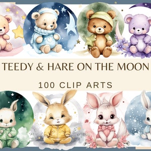 TEDDY-BEAR & HARE on the moon - 100 clip arts (Transparent background, 300 dpi, commercial use, nursery decor, baby shower, png)