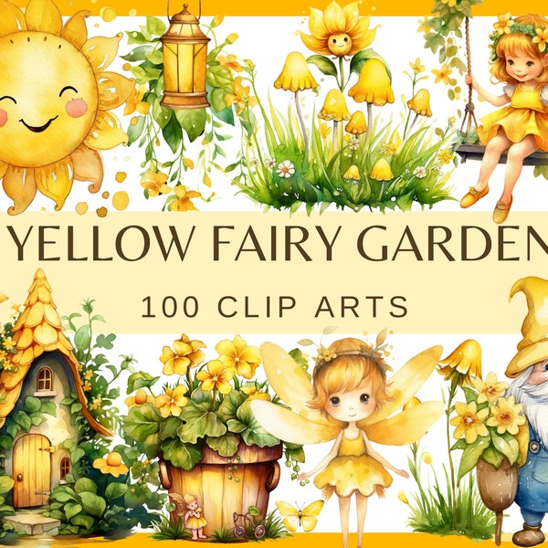 YELLOW FAIRY GARDEN - 100 watercolor clip arts (Transparent background 300 dpi Nursery Decor png elf gnome fantasy house door lantern star))