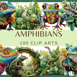 ANFÍBIOS - 100 clip arts (300 dpi, pacote, digital, fundo transparente, natureza, png, sapo, axolote, lagarto, caracol, cobra, réptil)