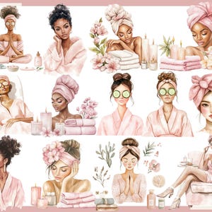 以下が含まれることがあります： スパ環境の女性の水彩イラスト。画像には、頭にタオルを巻き、目にキュウリのスライスをのせ、バスローブを着た女性が描かれています。カラーパレットには、ソフトピンク、白、緑のタッチが含まれています。