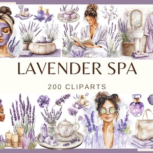 SPA LAVANDE - 200 images clipart (png, 300 dpi, Girl's Spa Violet & Beige Spa Day PNG Relaxation Self-Care Beauty Elements for Planner)