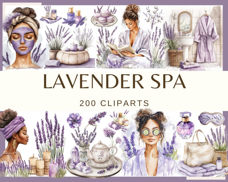 Lavender Spa Clipart: Watercolor Spa Day PNG Graphics (Digital Download, 300 DPI) image 1