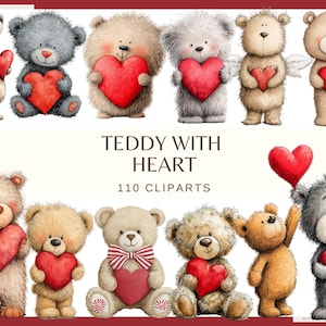 Puede incluir: Una colección de ilustraciones de osos de peluche en acuarela, cada uno sosteniendo un corazón rojo. Los osos varían en color, desde gris hasta marrón claro, y algunos tienen alas de ángel o pajaritas. El texto dice "TEDDY WITH HEART" y "110 CLIPARTS".