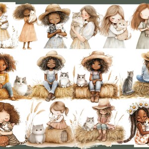 May include: Watercolor illustrations of girls with cats. The girls are depicted in various outfits, including dresses, overalls, and straw hats. The cats are in different colors and poses, some being held by the girls, others sitting nearby on hay bales.