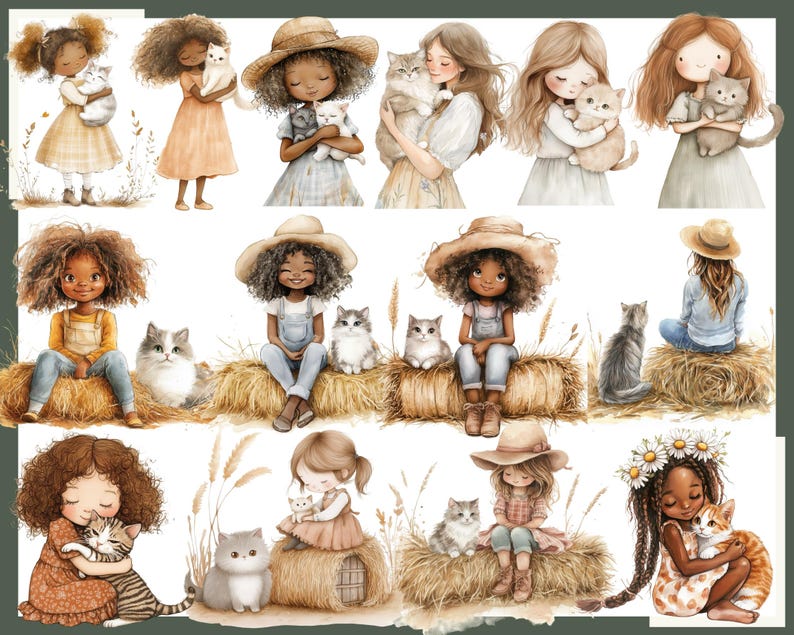 May include: Watercolor illustrations of girls with cats. The girls are depicted in various outfits, including dresses, overalls, and straw hats. The cats are in different colors and poses, some being held by the girls, others sitting nearby on hay bales.