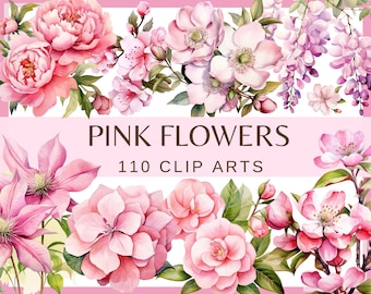 Puede incluir: Una colección de 110 imágenes de flores rosas en acuarela para usar como ilustraciones. Las imágenes incluyen varios tipos de flores, como peonías, rosas y flores de cerezo.