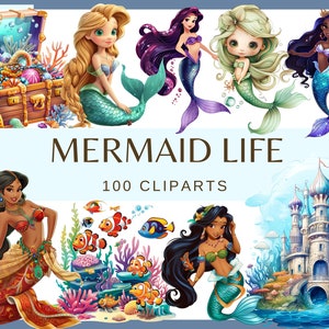 MERMAID LIFE - 100 clip arts (300 dpi, png, uso comercial, pacote, digital, vida marinha, castelo subaquático de desenho animado, vida marinha, peixes vívidos)