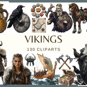 Pode incluir: Ilustração digital com tema Viking. Inclui um guerreiro viking, um navio longo, um cavalo com sela, um corvo, machados, escudos e um baú de tesouro. O texto "VIKINGS" e "130 CLIPARTS" também estão presentes.