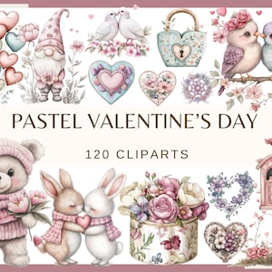 DIA DOS NAMORADOS PASTEL - 120 clip arts (300 dpi, ursinho de pelúcia com coração, pomba, pacote, digital, amor, rosa, doces, amor, casal apaixonado)