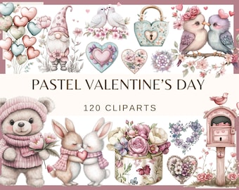 Pastel Valentine's Day Clip Art: 120 PNG, 300 DPI, LoveTeddy Bear, Dove, Hearts (Commercial Use, Digital Download, Transparent Background)