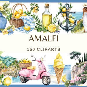 AMALFI - 150 clip arts (300 dpi, png, commercial use, bundle, digital, Italy Travel Cliparts | Lemon, Sea, Boats, Tiles & Mediterranean)