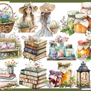 May include: Watercolor illustration featuring a variety of items. Includes a wicker basket filled with flowers, a wooden bench with floral pillows, stacks of books, jars of preserves, candles, and lanterns. The image has a soft, vintage aesthetic.
