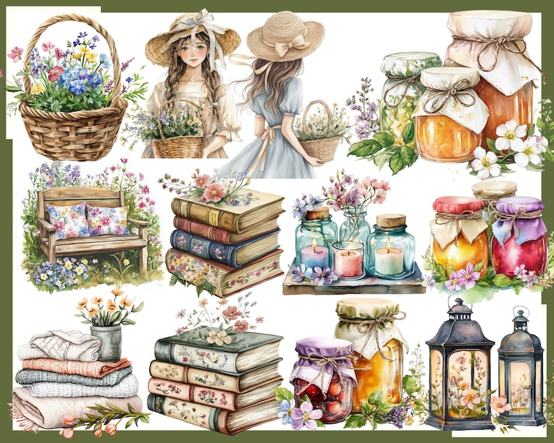 May include: Watercolor illustration featuring a variety of items. Includes a wicker basket filled with flowers, a wooden bench with floral pillows, stacks of books, jars of preserves, candles, and lanterns. The image has a soft, vintage aesthetic.