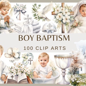 BOY BAPTISM - 100 watercolor clip arts (Rosary Dove Baptism Digital Paper First Communion Boy Christening Baptismal 300 dpi png Goblet)