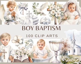 BOY BAPTISM - 100 watercolor clip arts (Rosary Dove Baptism Digital Paper First Communion Boy Christening Baptismal 300 dpi png Goblet)