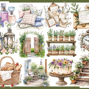 May include: Watercolor illustration featuring a collection of charming, vintage-style elements. Includes perfume bottles, pillows, lanterns, a picnic basket, a cake, and a clock, all adorned with floral accents and a rustic aesthetic. The color palette is soft and inviting.