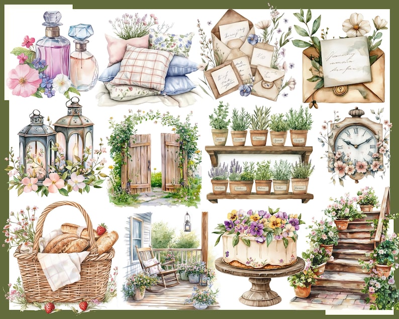 May include: Watercolor illustration featuring a collection of charming, vintage-style elements. Includes perfume bottles, pillows, lanterns, a picnic basket, a cake, and a clock, all adorned with floral accents and a rustic aesthetic. The color palette is soft and inviting.