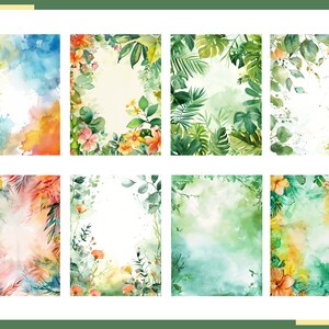 May include: Set of eight watercolor backgrounds with floral and tropical leaf borders. The backgrounds feature a variety of colors, including blue, green, yellow, and orange. The borders are made up of leaves, flowers, and vines.