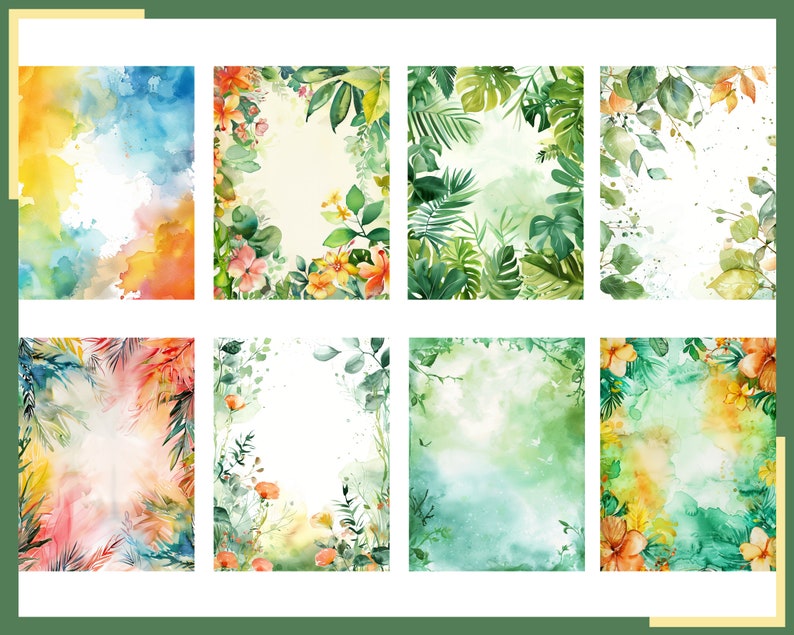 May include: Set of eight watercolor backgrounds with floral and tropical leaf borders. The backgrounds feature a variety of colors, including blue, green, yellow, and orange. The borders are made up of leaves, flowers, and vines.