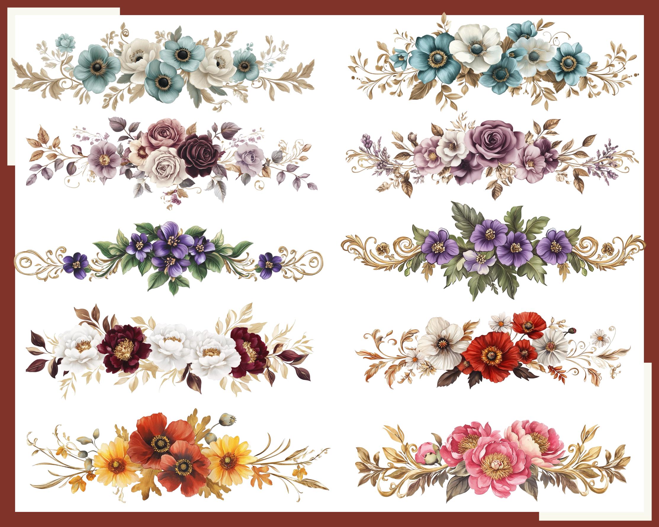 Floral Header Clipart: Watercolor Flower Borders, PNG (300 DPI) Digital ...