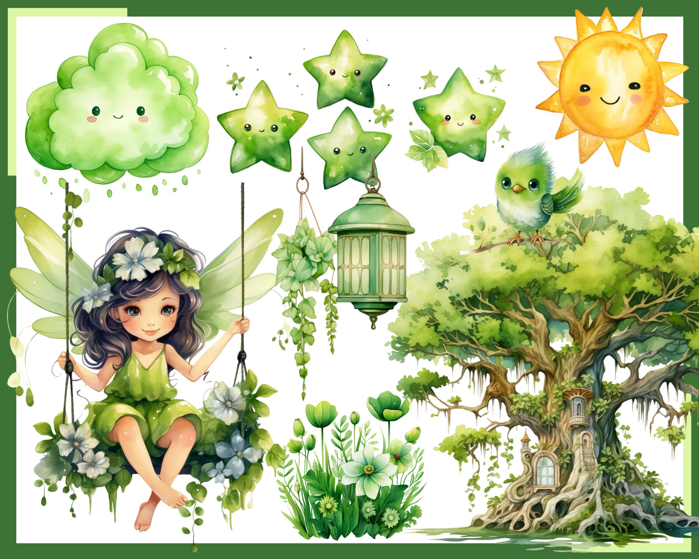 Green Fairy Garden Watercolor Clipart: 100 PNG Nursery Decor (digital ...