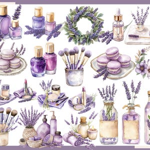 May include: Watercolor illustration featuring various beauty and spa items. Includes perfume bottles, nail polish, makeup brushes, macarons, and lavender sprigs. The color palette is soft, with shades of purple, white, and gold. The items are arranged on a white background.