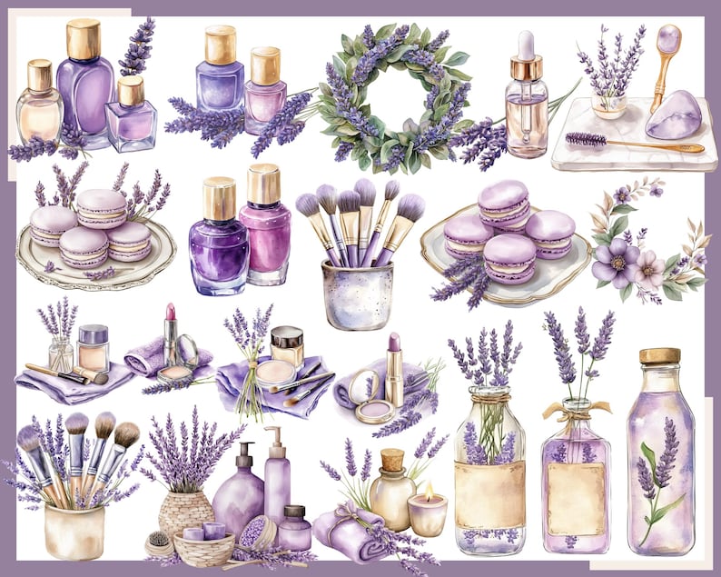May include: Watercolor illustration featuring various beauty and spa items. Includes perfume bottles, nail polish, makeup brushes, macarons, and lavender sprigs. The color palette is soft, with shades of purple, white, and gold. The items are arranged on a white background.