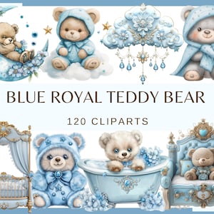 BLUE royal TEDDY BEAR - 120 watercolor clip arts (Transparent background, 300 dpi, commercial use png Baby shower for a boy, Nursery Decor)