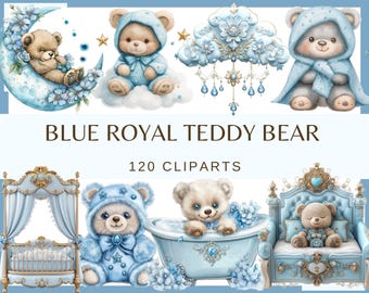 Könnte beinhalten: Eine Sammlung von Teddybär-Cliparts in Blau und Gold. Die Bären werden in verschiedenen Posen dargestellt, einige tragen blaue Kapuzenoutfits, andere befinden sich in einer Badewanne oder auf einem Bett. Der Text "BLUE ROYAL TEDDY BEAR" und "120 CLIPARTS" ist ebenfalls vorhanden.