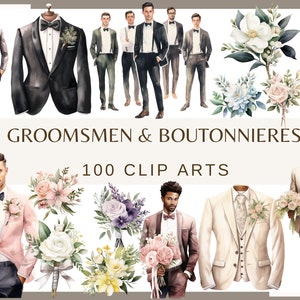 Groomsman e Boutonniere - 100 clip art acquerellate (fiore, 300 dpi, Wedding Timeline png, icone elementi matrimonio, Junk Journal, sposo)