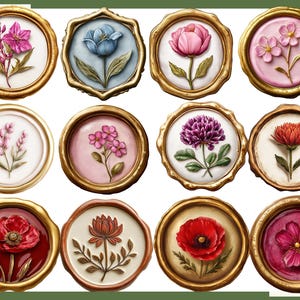 Puede incluir: Una colecci&oacute;n de doce dise&ntilde;os florales en marcos circulares con bordes dorados. Cada marco presenta una flor diferente en tonos de rosa, rojo, morado y azul, sobre fondos blancos o pastel. Los dise&ntilde;os son detallados y art&iacute;sticos.
