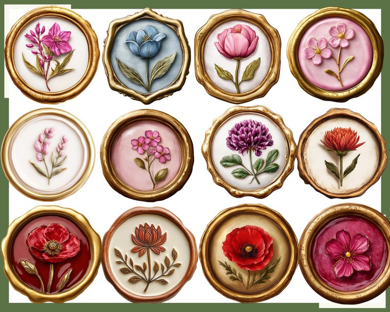 Puede incluir: Una colecci&oacute;n de doce dise&ntilde;os florales en marcos circulares con bordes dorados. Cada marco presenta una flor diferente en tonos de rosa, rojo, morado y azul, sobre fondos blancos o pastel. Los dise&ntilde;os son detallados y art&iacute;sticos.