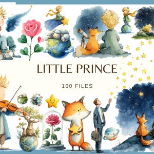 以下が含まれることがあります： 「星の王子さま」をテーマにした水彩イラスト。王子、キツネ、バラ、地球上の羊、星空のシーンなどが描かれています。「Little Prince」と「100 Files」の文字が入っています。