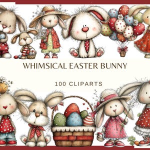 Puede incluir: Una colección de imágenes prediseñadas de conejitos de Pascua caprichosos. Los conejitos se representan con varios atuendos y poses, sosteniendo globos, flores y huevos de Pascua. También se ve el texto "WHIMSICAL EASTER BUNNY" y "100 CLIPARTS".