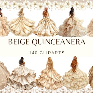 BEIGE QUINCEANERA - 140 aquarel clip arts (Quince Años DIY Invitation Elements Quinceanera Celebration Ball Prom Princess-jurk)